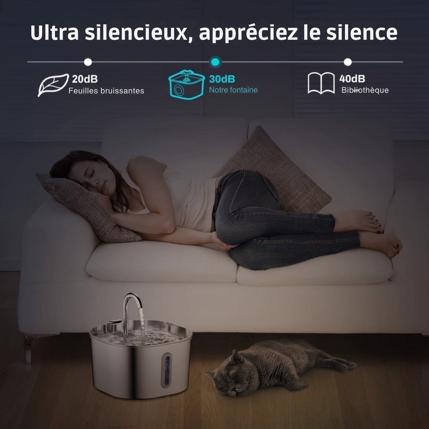 Fontaine 2.2L inox ultra-silencieuse pour chat & petit chien